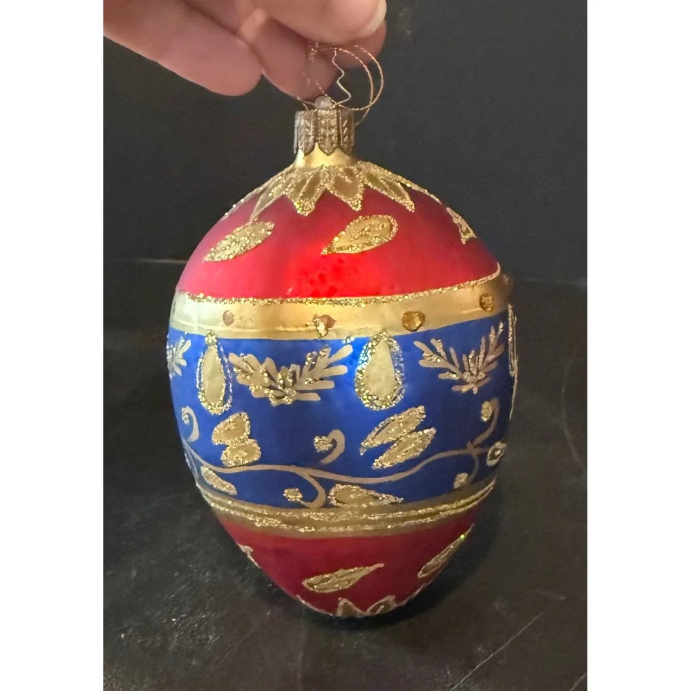Large Egg Christmas Holiday Ornament Red Blue Gold Glitter Rhinestone‎ Glass